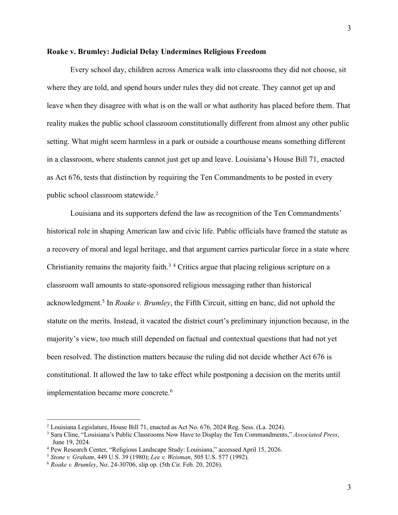 Roake v. Brumley: Judicial Delay Undermines Religious Freedom, page 3 of 13